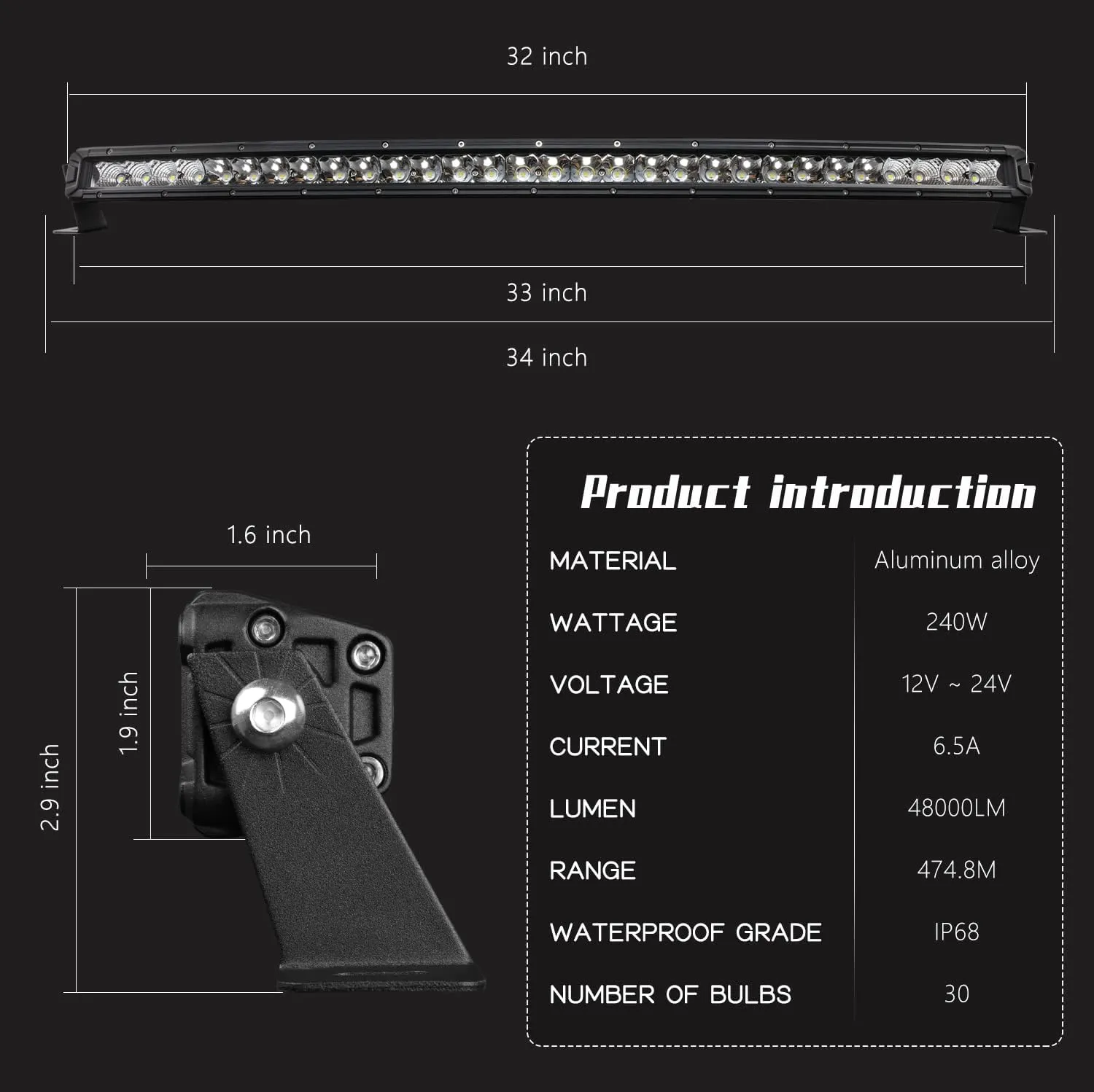 32 Inch Curved LED Light Bar, 240W Super Bright Flood & SpotBeam Combo - 48000LM Off Road Driving Single Row Light Bars for Trucks for Jeep Trucks Boats ATV UTV Cars