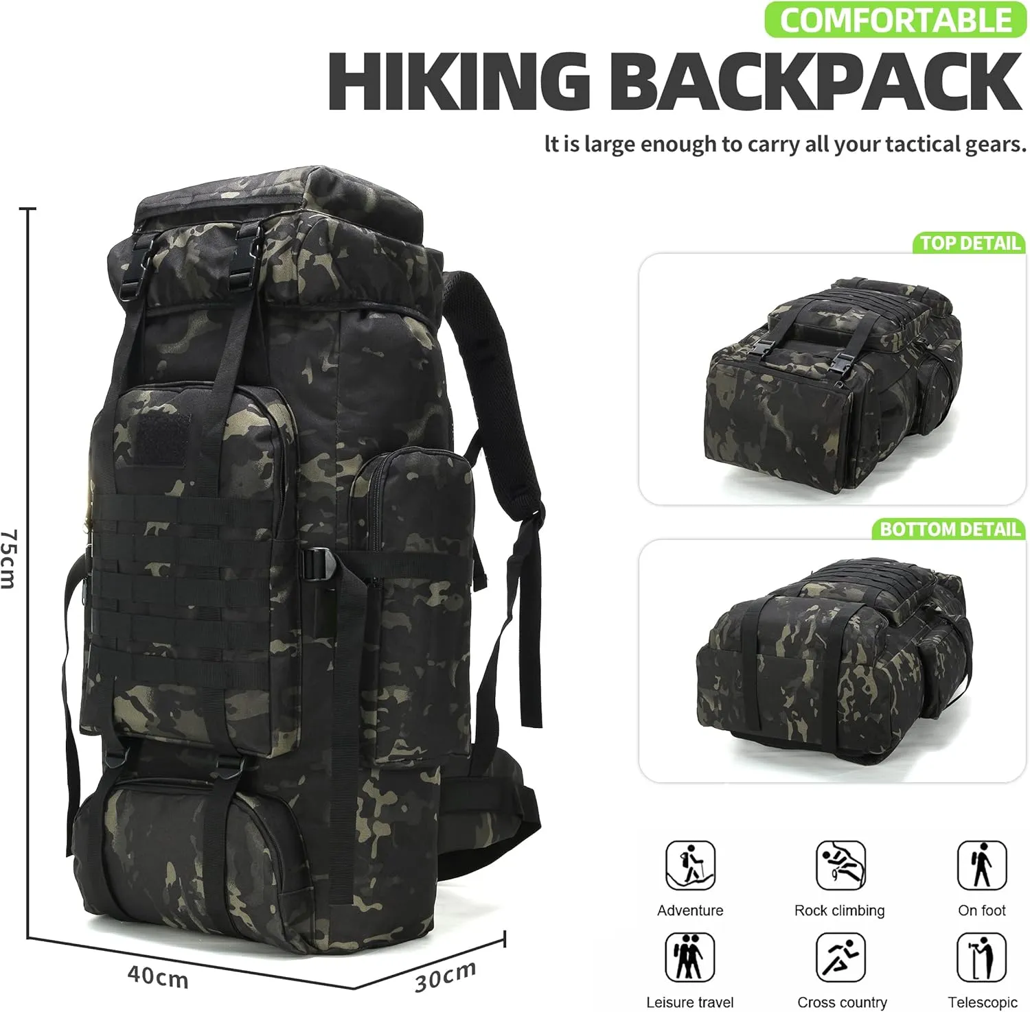 70L Hiking Backpack Military Tactical Camping Adjustable waterproof Climbing Sport Bags