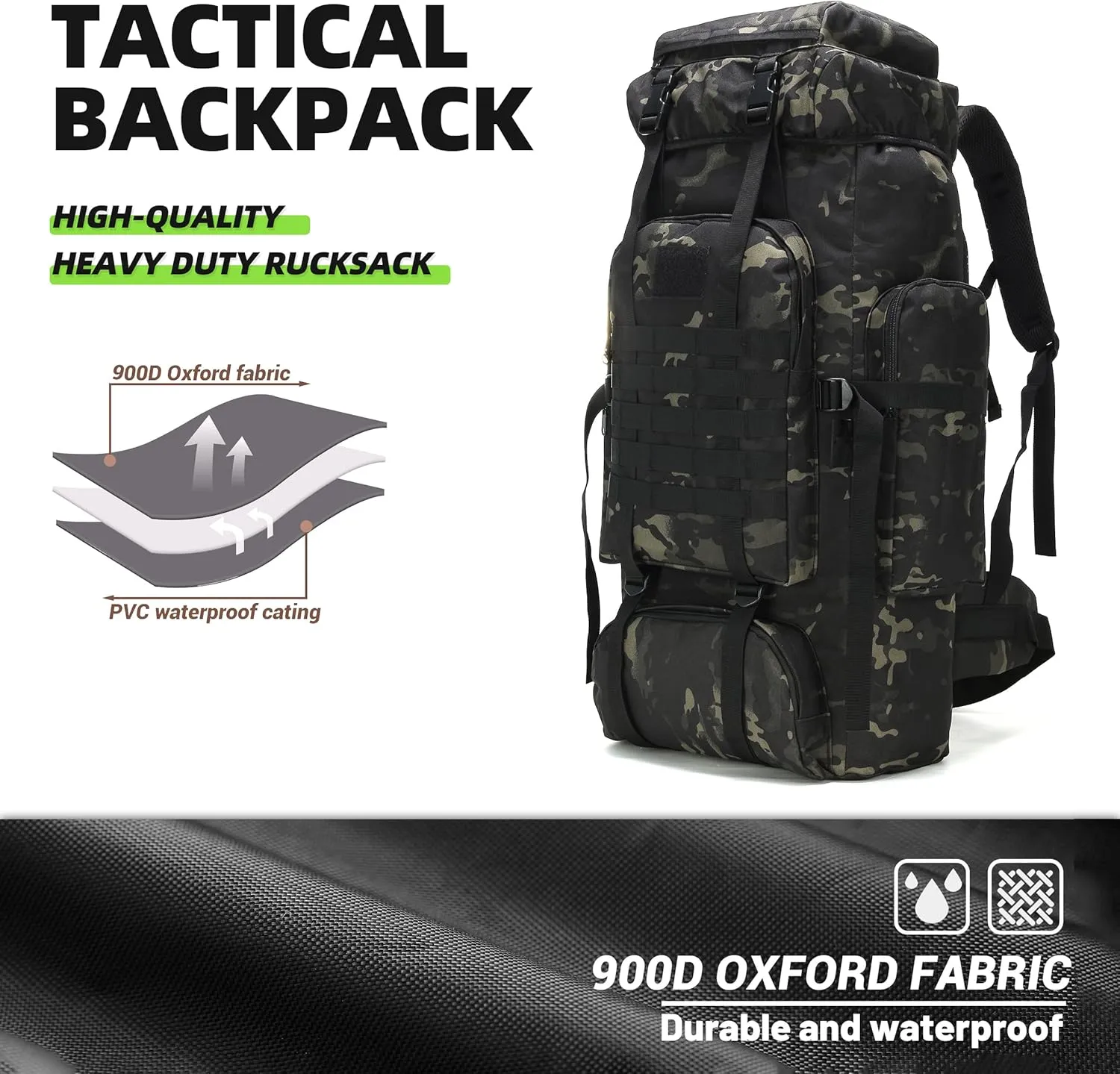 70L Hiking Backpack Military Tactical Camping Adjustable waterproof Climbing Sport Bags