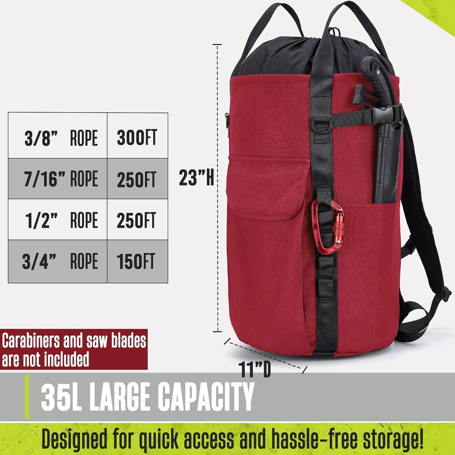 Arborist Rope Bag, 35L Tree Climbing Rope Bag, Arborist Equipment Bucket Backpack, Arborist Gear Carrier Bag with Side Pockets, Tough Rock Climbing Backpack, Rock and Tree Climbing Gear
