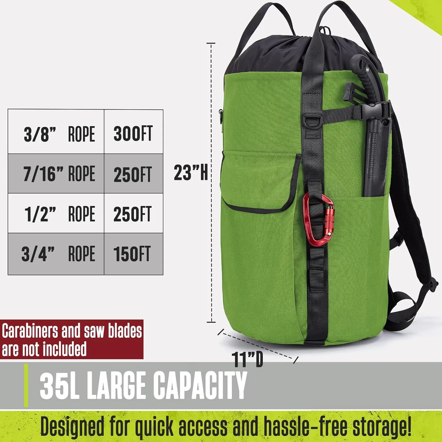 Arborist Rope Bag, 35L Tree Climbing Rope Bag, Arborist Equipment Bucket Backpack, Arborist Gear Carrier Bag with Side Pockets, Tough Rock Climbing Backpack, Rock and Tree Climbing Gear