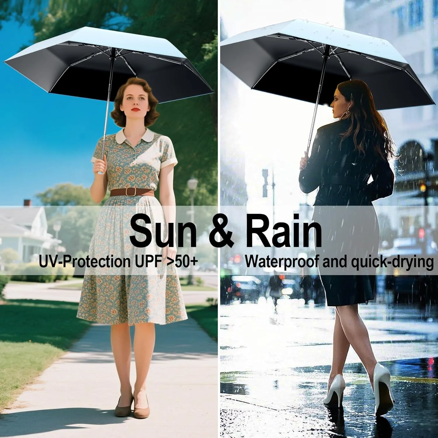 Automatic Mini Travel Windproof Folding Umbrella - UV Protection, Instant Open/Close for Rain/Sun, Small Compact Lightweight Design Fits in Tote Bag/Travel Case/Backpack for Commute,Women&Men