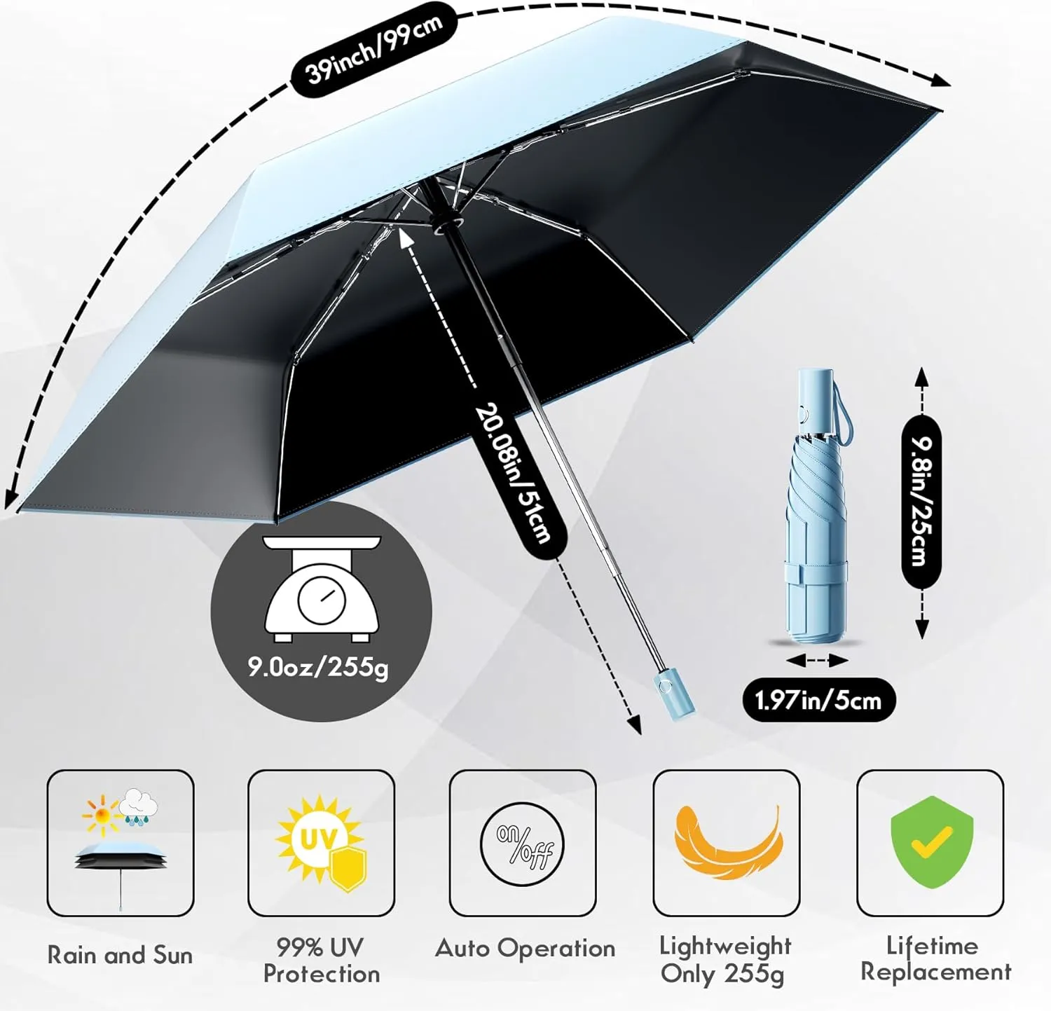 Automatic Mini Travel Windproof Folding Umbrella - UV Protection, Instant Open/Close for Rain/Sun, Small Compact Lightweight Design Fits in Tote Bag/Travel Case/Backpack for Commute,Women&Men