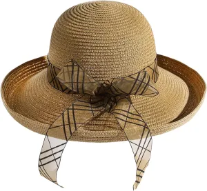 Beach Sun Hats for Women - Wide Brim Straw Womens Summer Hat with Wind Lanyard Roll Up, Foldable Beach Hat UV Protection