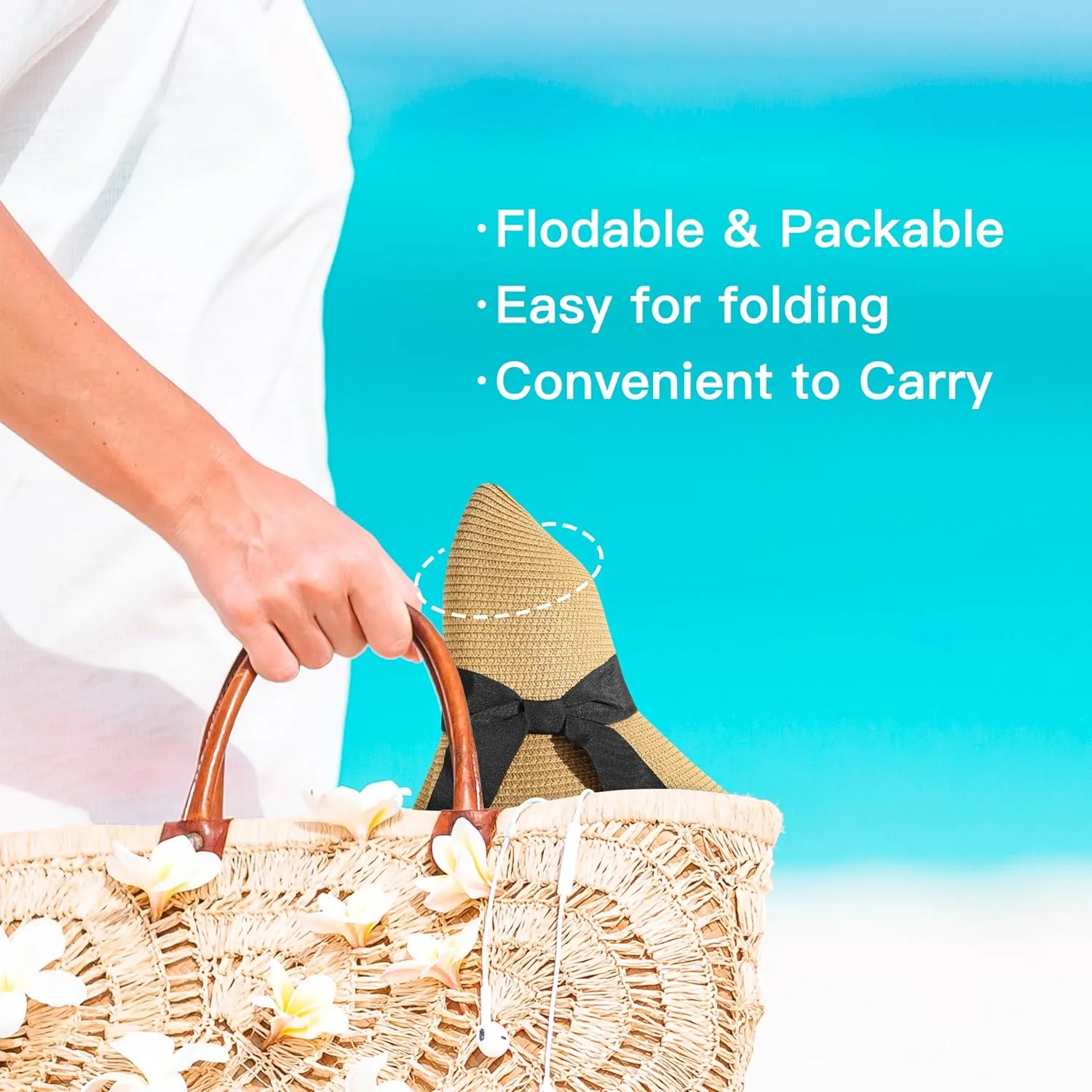 Beach Sun Hats for Women - Wide Brim Straw Womens Summer Hat with Wind Lanyard Roll Up, Foldable Beach Hat UV Protection