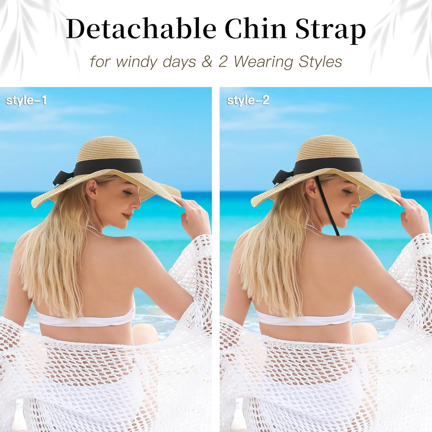 Beach Sun Hats for Women - Wide Brim Straw Womens Summer Hat with Wind Lanyard Roll Up, Foldable Beach Hat UV Protection