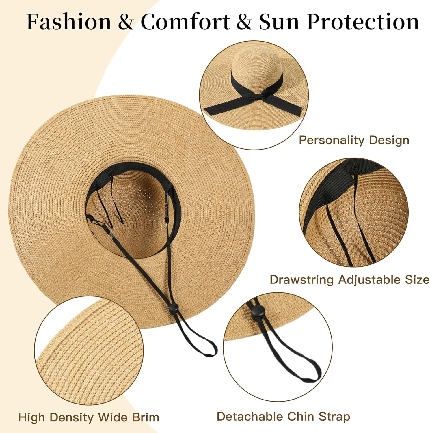Beach Sun Hats for Women - Wide Brim Straw Womens Summer Hat with Wind Lanyard Roll Up, Foldable Beach Hat UV Protection