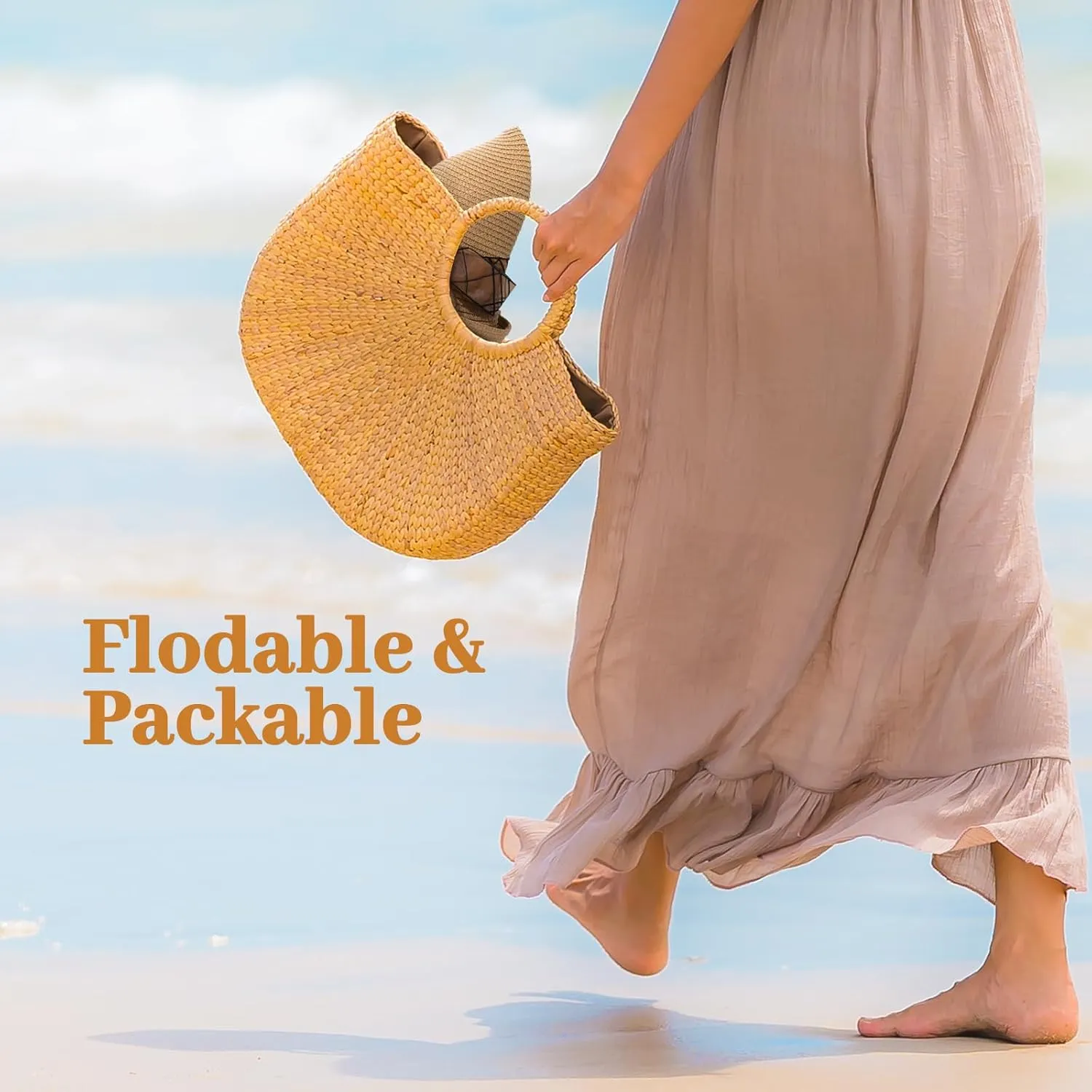 Beach Sun Hats for Women - Wide Brim Straw Womens Summer Hat with Wind Lanyard Roll Up, Foldable Beach Hat UV Protection