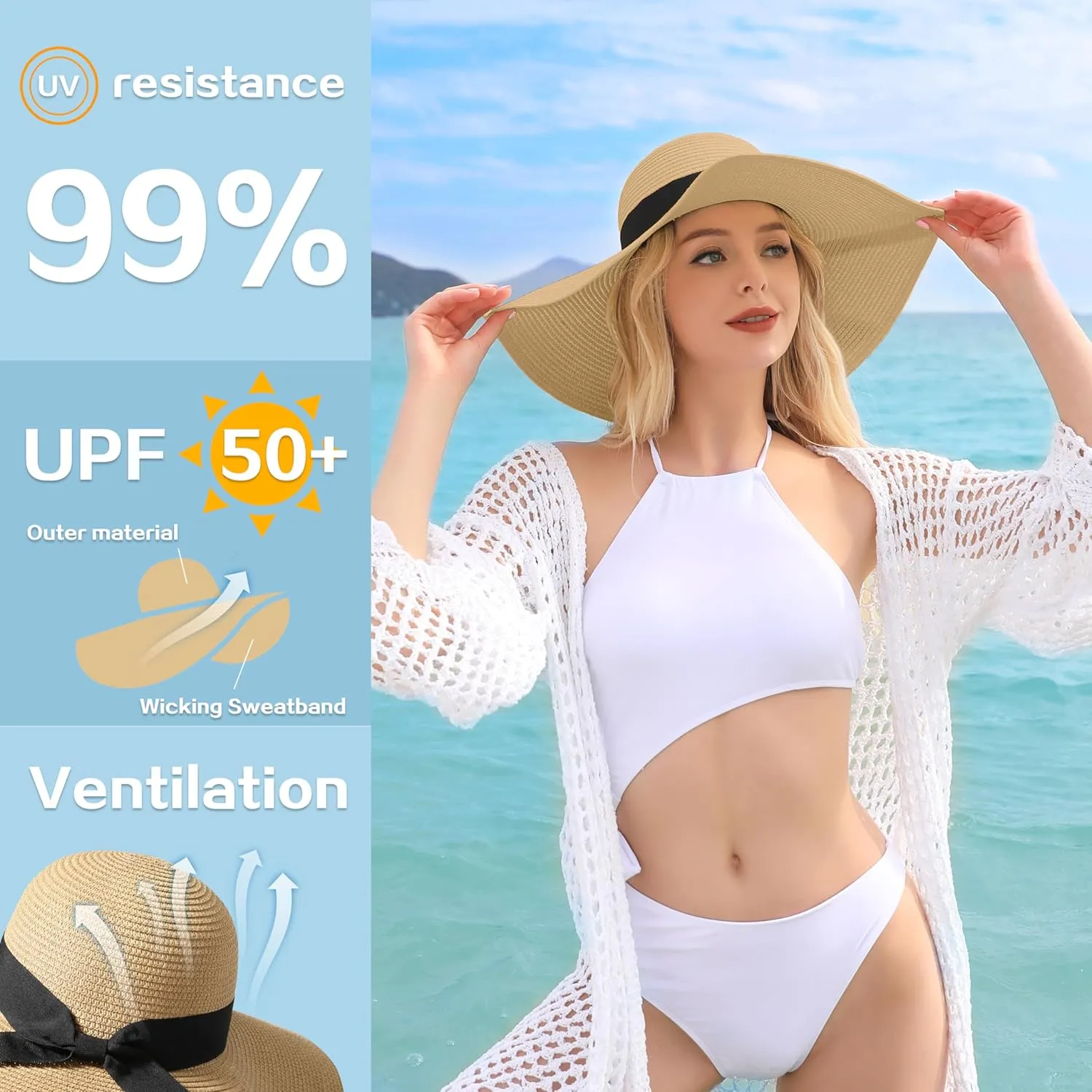 Beach Sun Hats for Women - Wide Brim Straw Womens Summer Hat with Wind Lanyard Roll Up, Foldable Beach Hat UV Protection