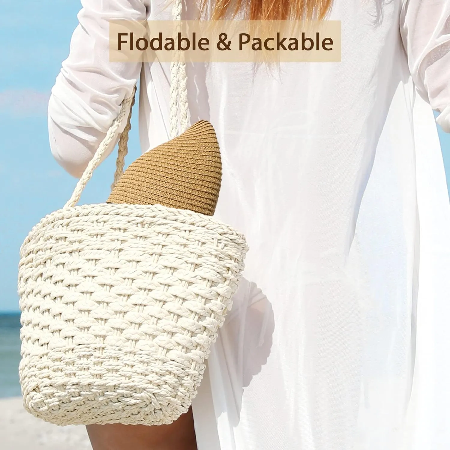 Beach Sun Hats for Women - Wide Brim Straw Womens Summer Hat with Wind Lanyard Roll Up, Foldable Beach Hat UV Protection