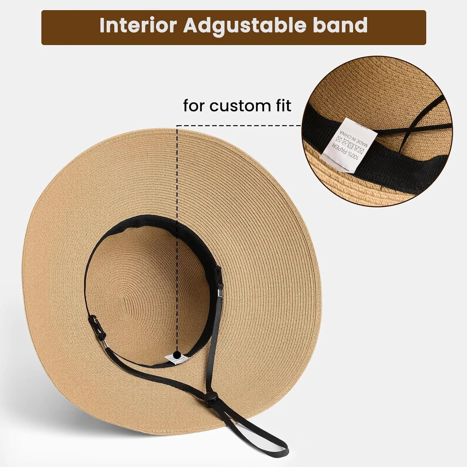 Beach Sun Hats for Women - Wide Brim Straw Womens Summer Hat with Wind Lanyard Roll Up, Foldable Beach Hat UV Protection