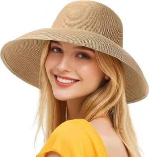 Beach Sun Hats for Women - Wide Brim Straw Womens Summer Hat with Wind Lanyard Roll Up, Foldable Beach Hat UV Protection