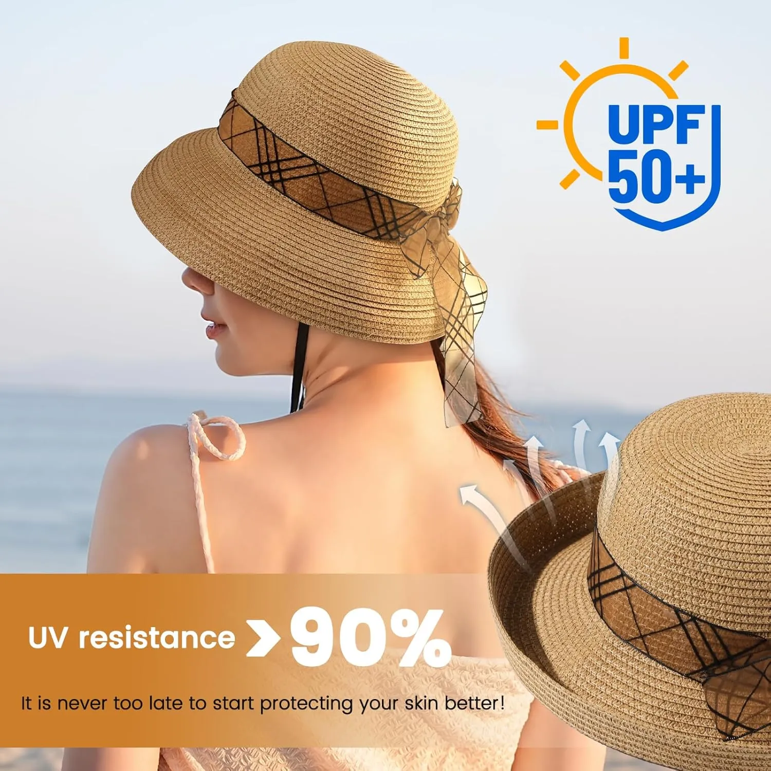 Beach Sun Hats for Women - Wide Brim Straw Womens Summer Hat with Wind Lanyard Roll Up, Foldable Beach Hat UV Protection