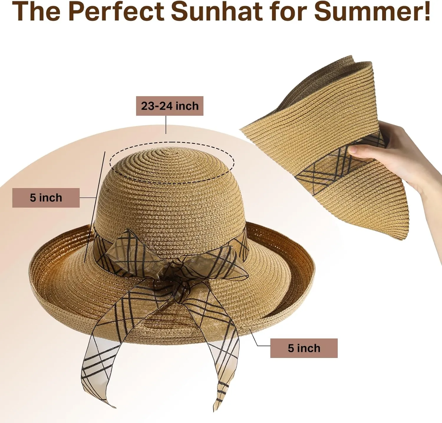 Beach Sun Hats for Women - Wide Brim Straw Womens Summer Hat with Wind Lanyard Roll Up, Foldable Beach Hat UV Protection
