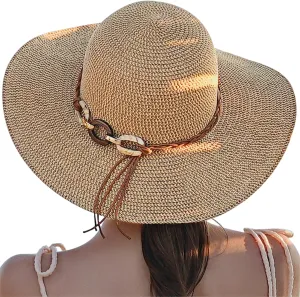 Beach Sun Hats for Women - Wide Brim Straw Womens Summer Hat with Wind Lanyard Roll Up, Foldable Beach Hat UV Protection