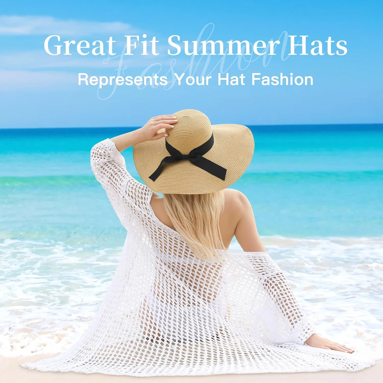 Beach Sun Hats for Women - Wide Brim Straw Womens Summer Hat with Wind Lanyard Roll Up, Foldable Beach Hat UV Protection