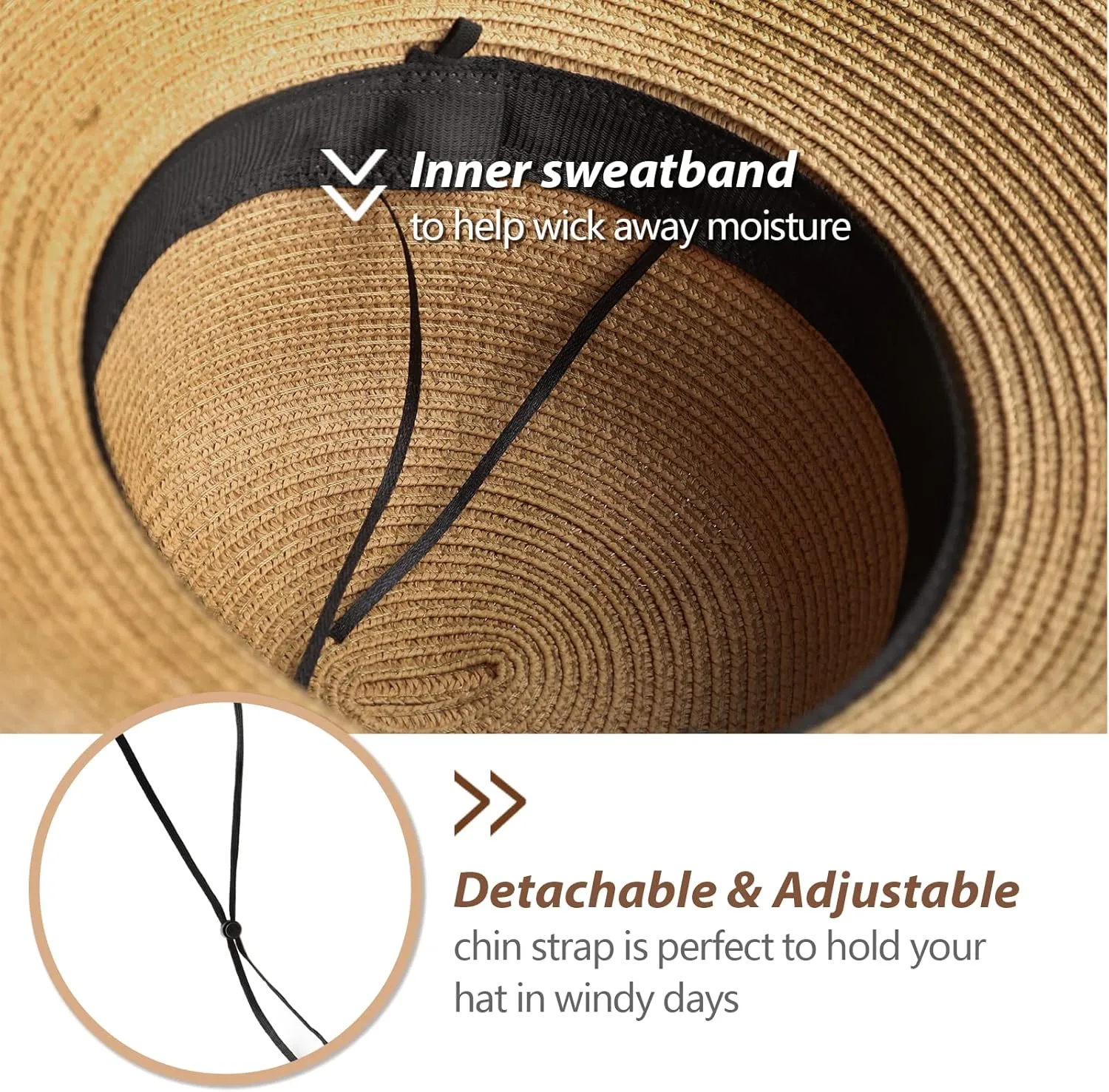 Beach Sun Hats for Women - Wide Brim Straw Womens Summer Hat with Wind Lanyard Roll Up, Foldable Beach Hat UV Protection