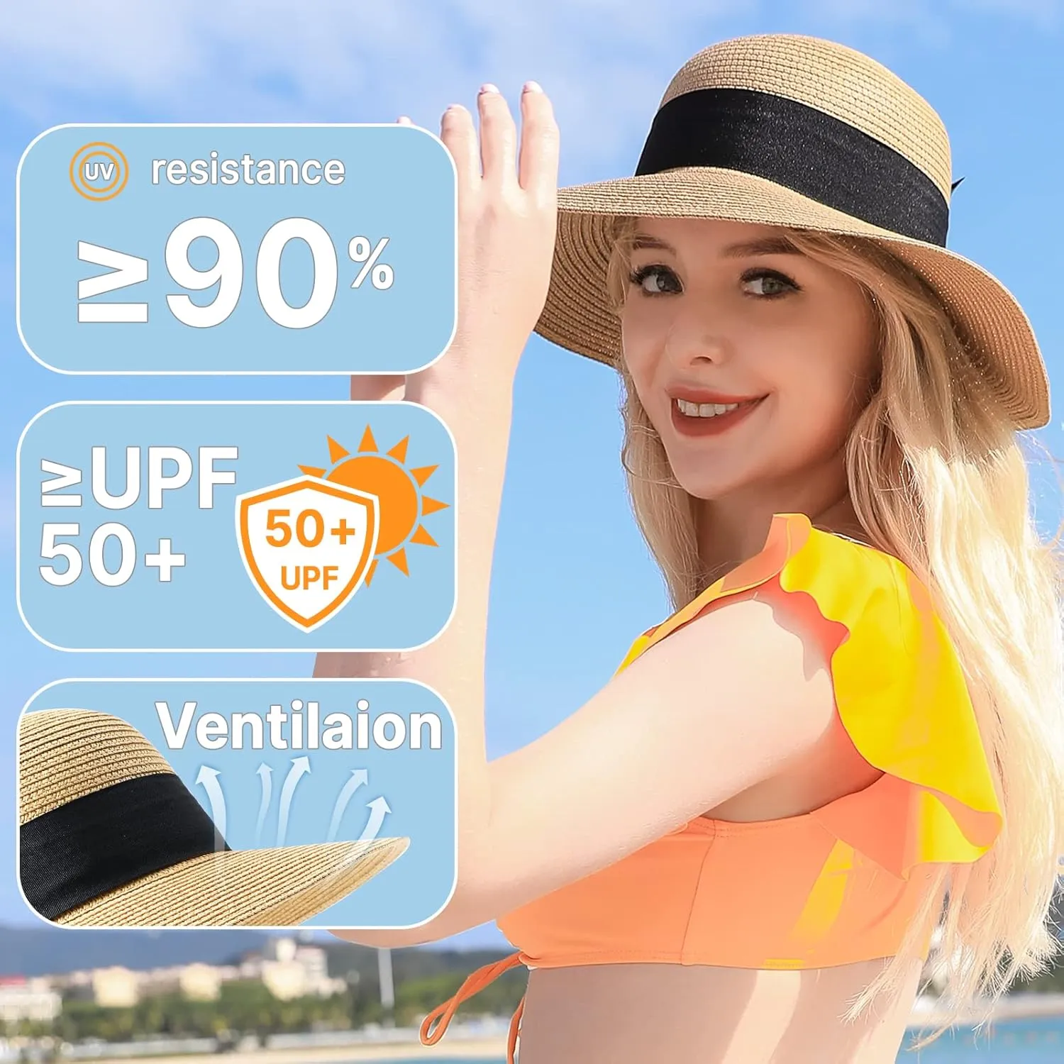 Beach Sun Straw Hats for Women, UPF 50  UV Sun Protection Wide Brim Summer Straw Hat Foldable Packable Roll up Cap