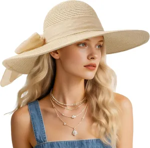 Beach Sun Straw Hats for Women, UPF 50  UV Sun Protection Wide Brim Summer Straw Hat Foldable Packable Roll up Cap