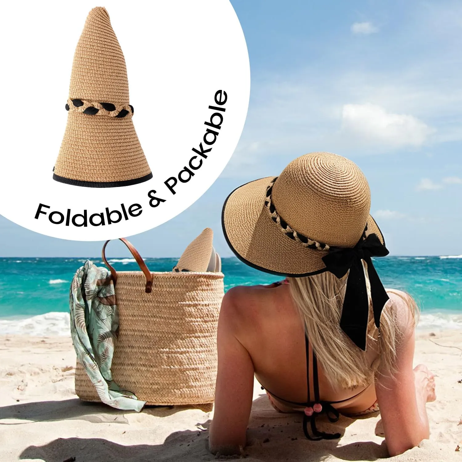 Beach Sun Straw Hats for Women, UPF 50  UV Sun Protection Wide Brim Summer Straw Hat Foldable Packable Roll up Cap