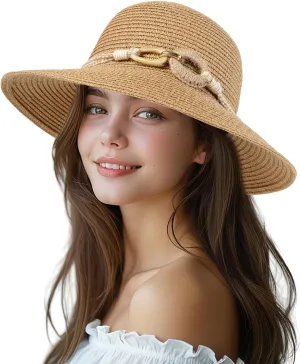 Beach Sun Straw Hats for Women, UPF 50  UV Sun Protection Wide Brim Summer Straw Hat Foldable Packable Roll up Cap