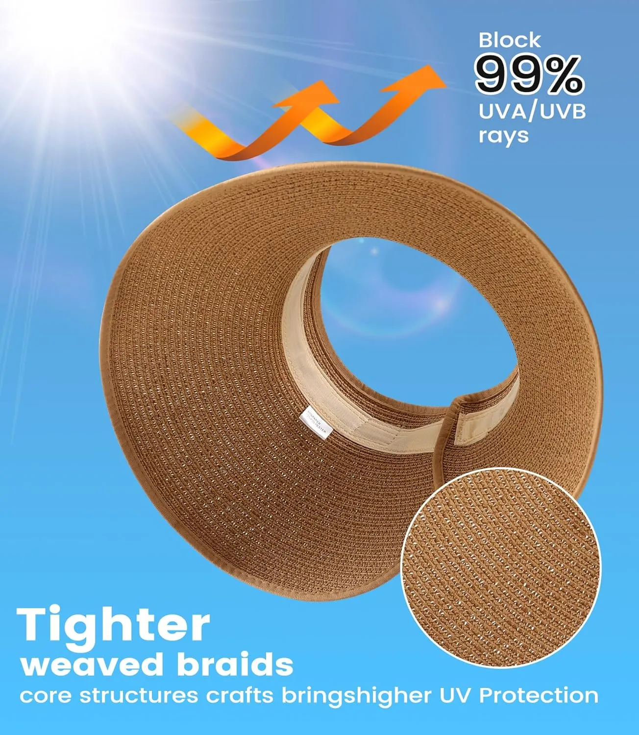 Beach Sun Straw Hats for Women, UPF 50  UV Sun Protection Wide Brim Summer Straw Hat Foldable Packable Roll up Cap