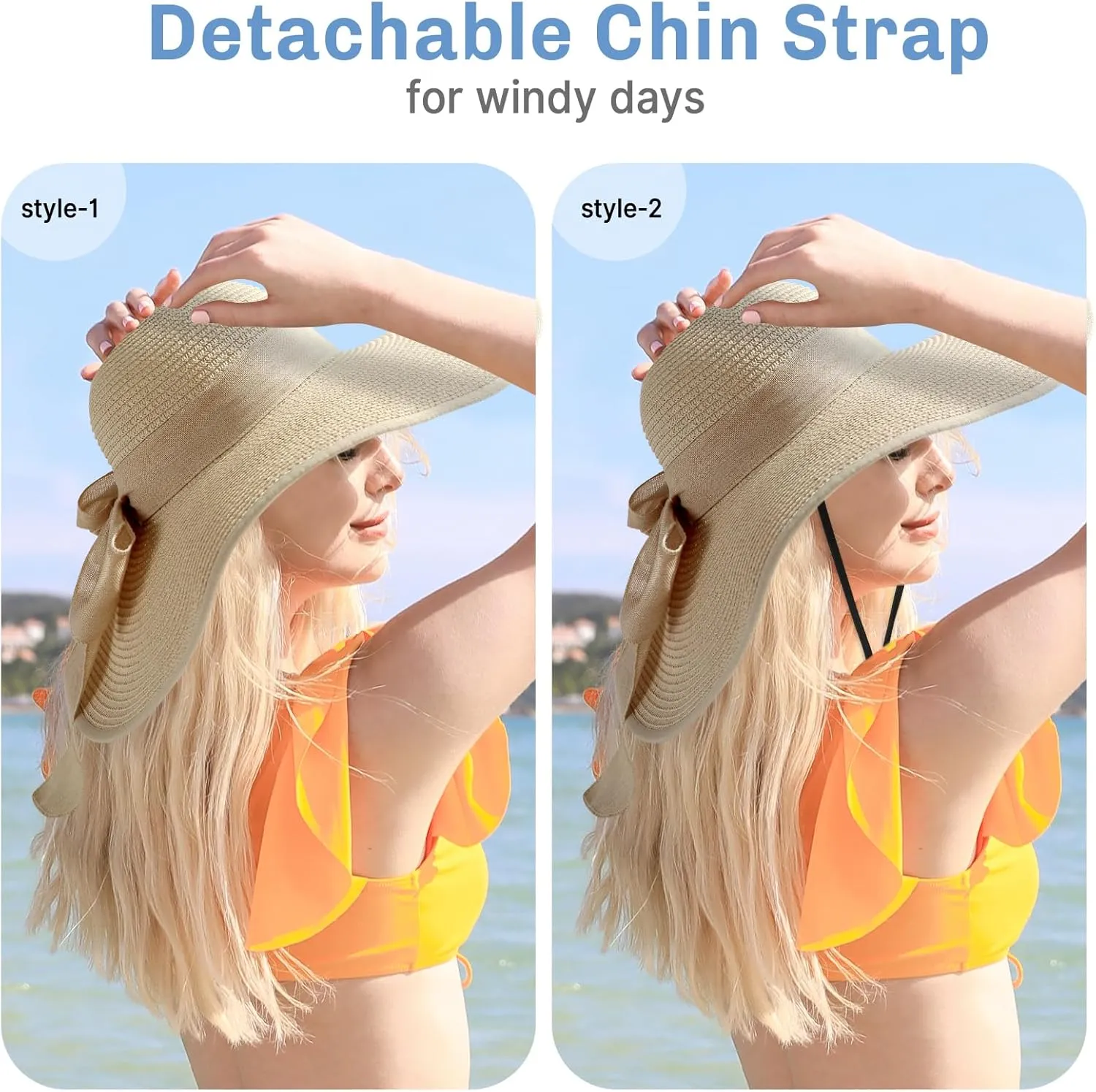 Beach Sun Straw Hats for Women, UPF 50  UV Sun Protection Wide Brim Summer Straw Hat Foldable Packable Roll up Cap