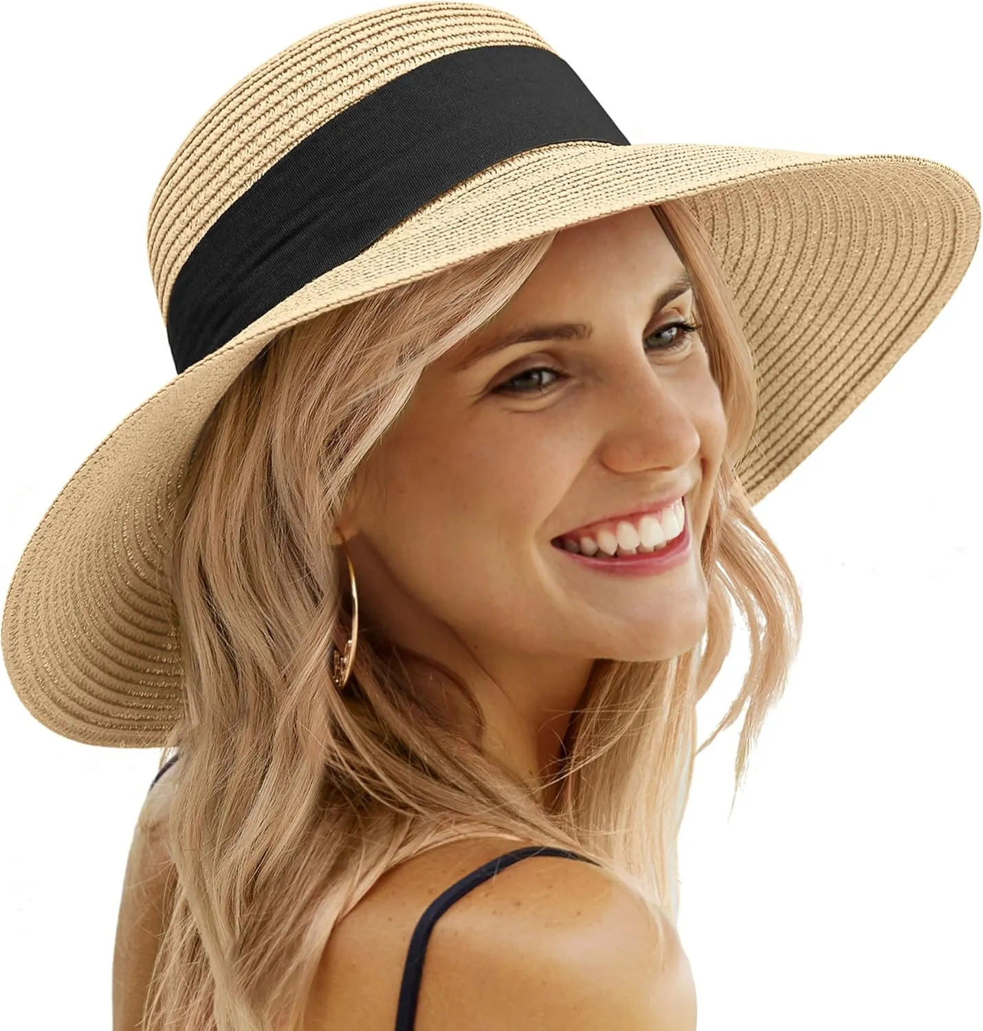 Beach Sun Straw Hats for Women, UPF 50  UV Sun Protection Wide Brim Summer Straw Hat Foldable Packable Roll up Cap