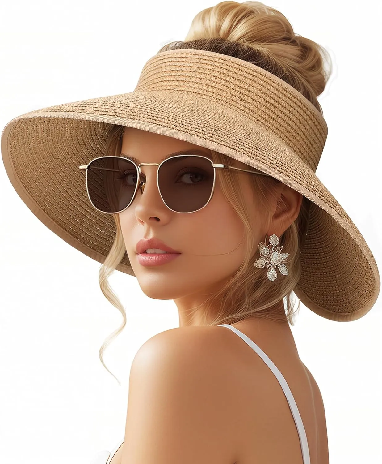 Beach Sun Straw Hats for Women, UPF 50  UV Sun Protection Wide Brim Summer Straw Hat Foldable Packable Roll up Cap