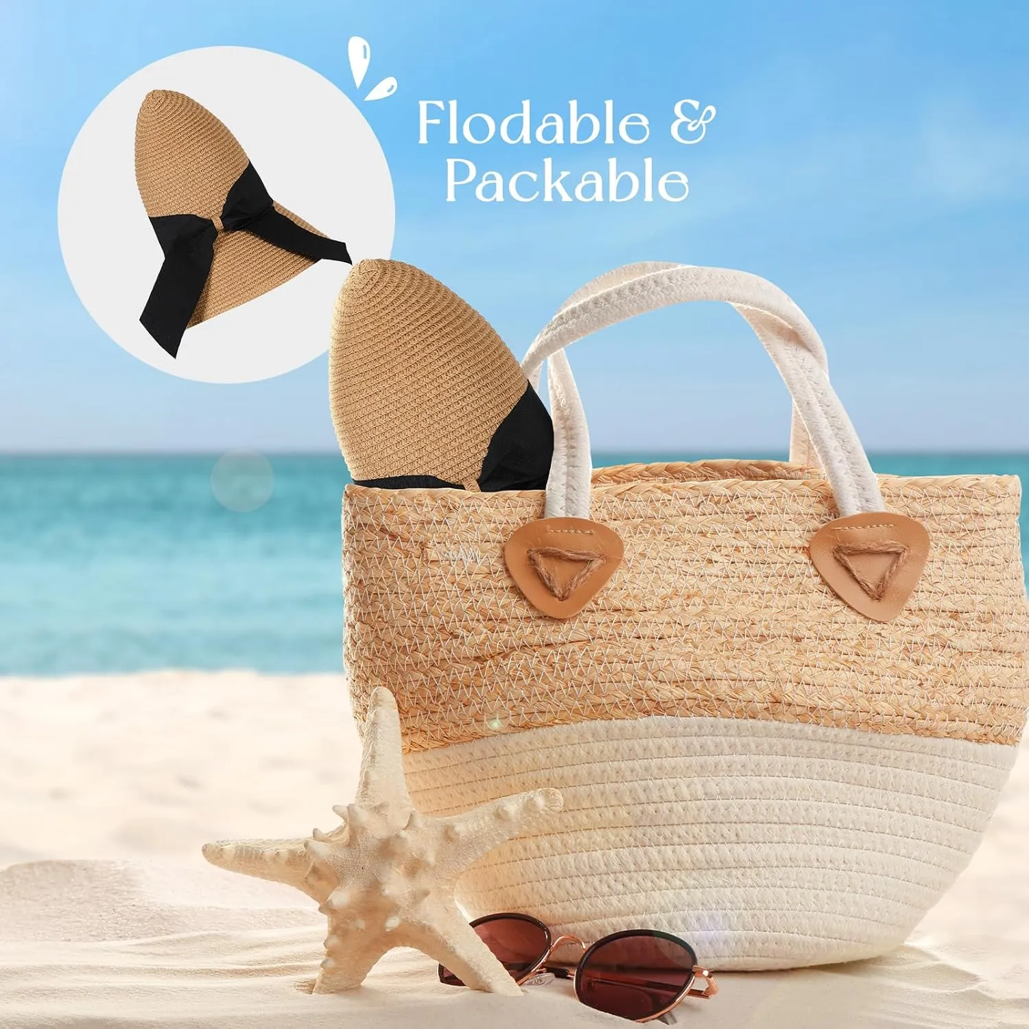 Beach Sun Straw Hats for Women, UPF 50  UV Sun Protection Wide Brim Summer Straw Hat Foldable Packable Roll up Cap