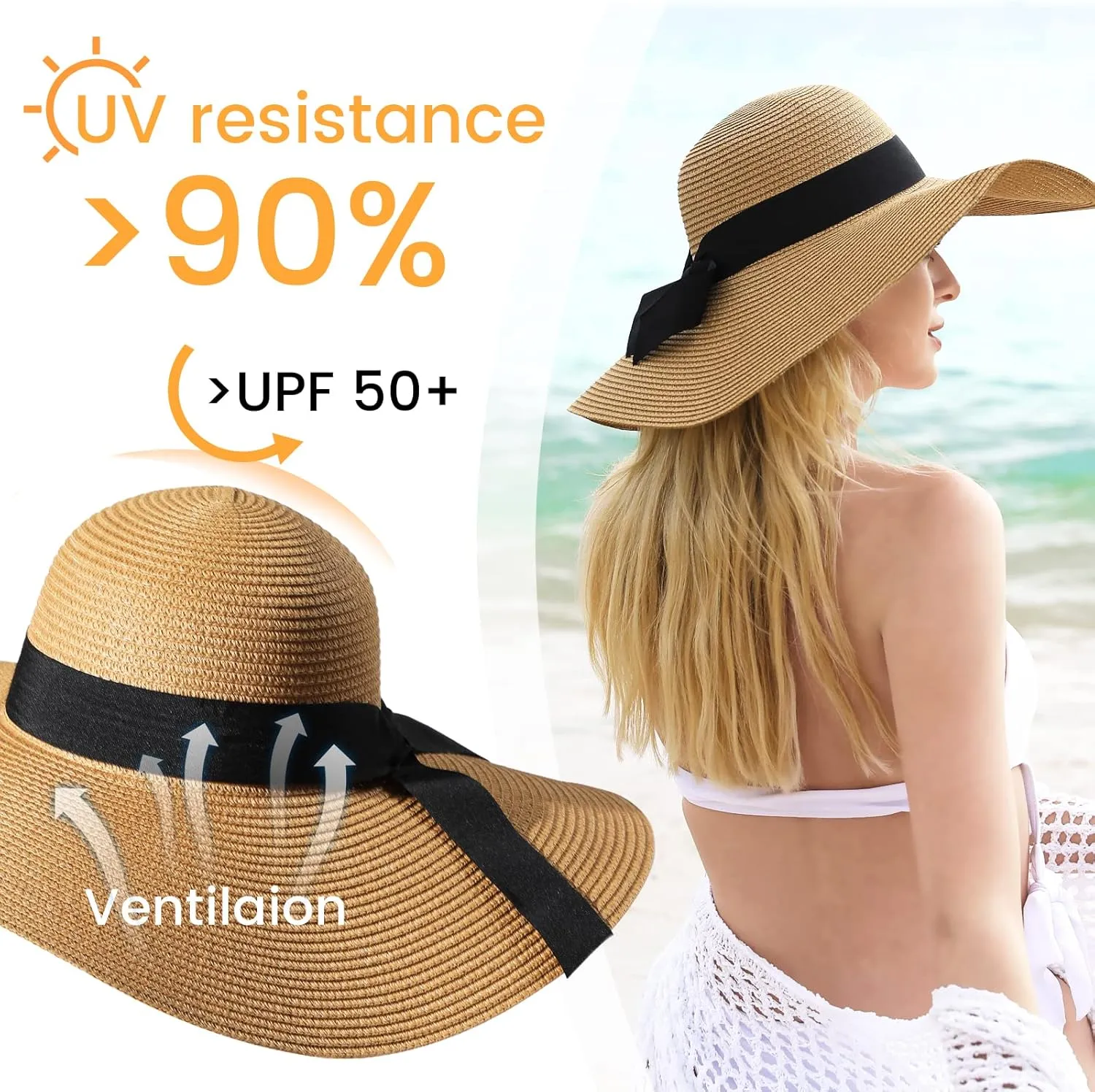 Beach Sun Straw Hats for Women, UPF 50  UV Sun Protection Wide Brim Summer Straw Hat Foldable Packable Roll up Cap