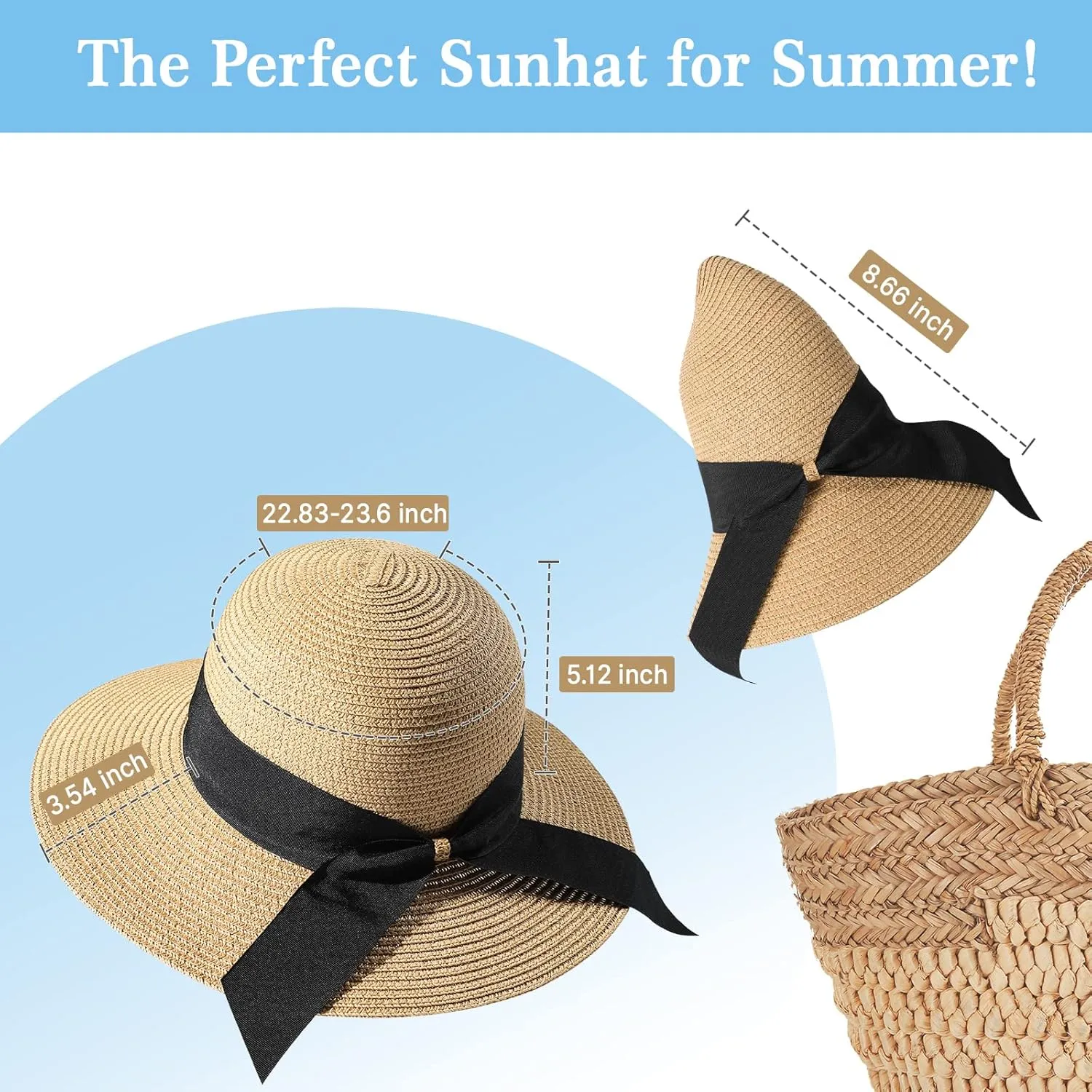 Beach Sun Straw Hats for Women, UPF 50  UV Sun Protection Wide Brim Summer Straw Hat Foldable Packable Roll up Cap