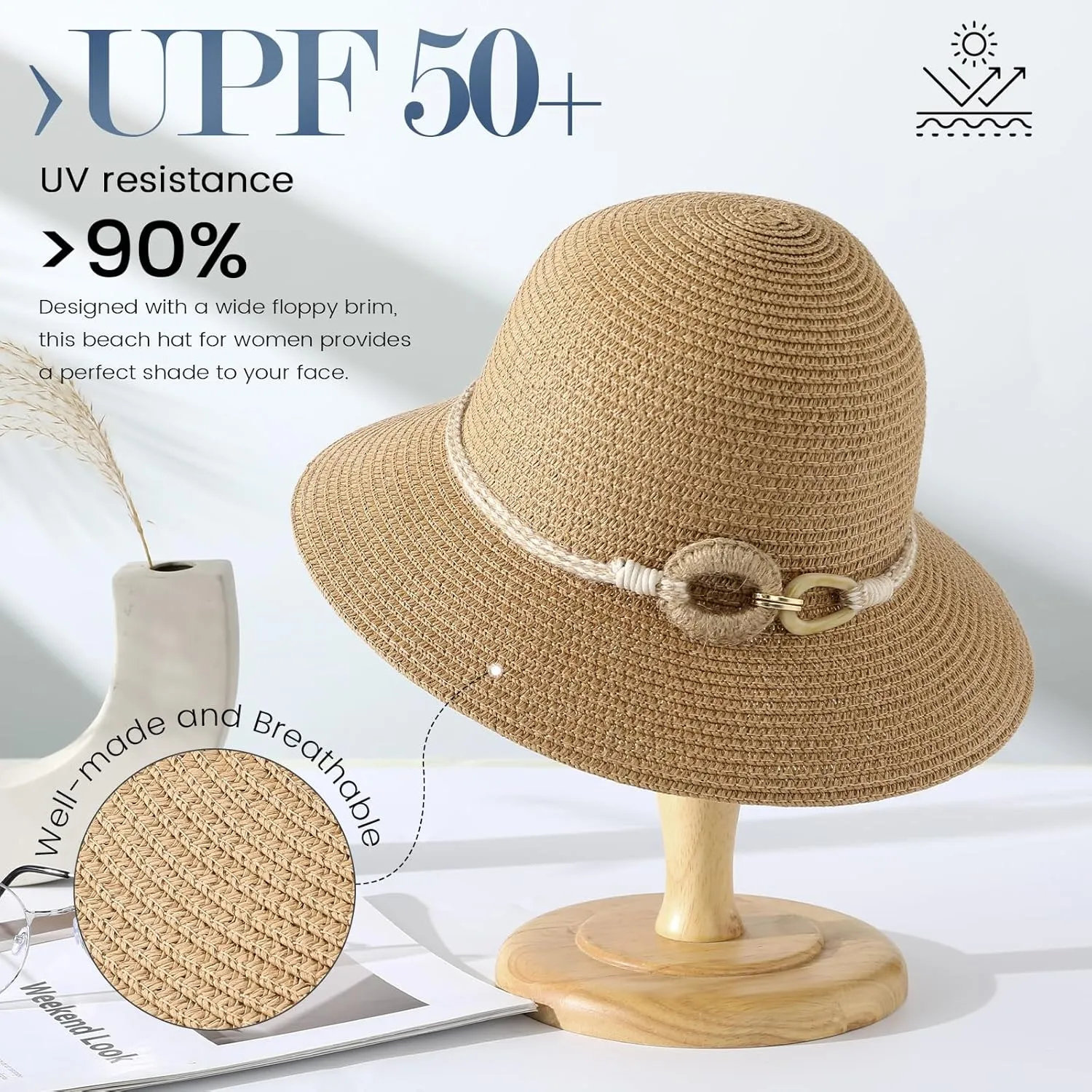 Beach Sun Straw Hats for Women, UPF 50  UV Sun Protection Wide Brim Summer Straw Hat Foldable Packable Roll up Cap