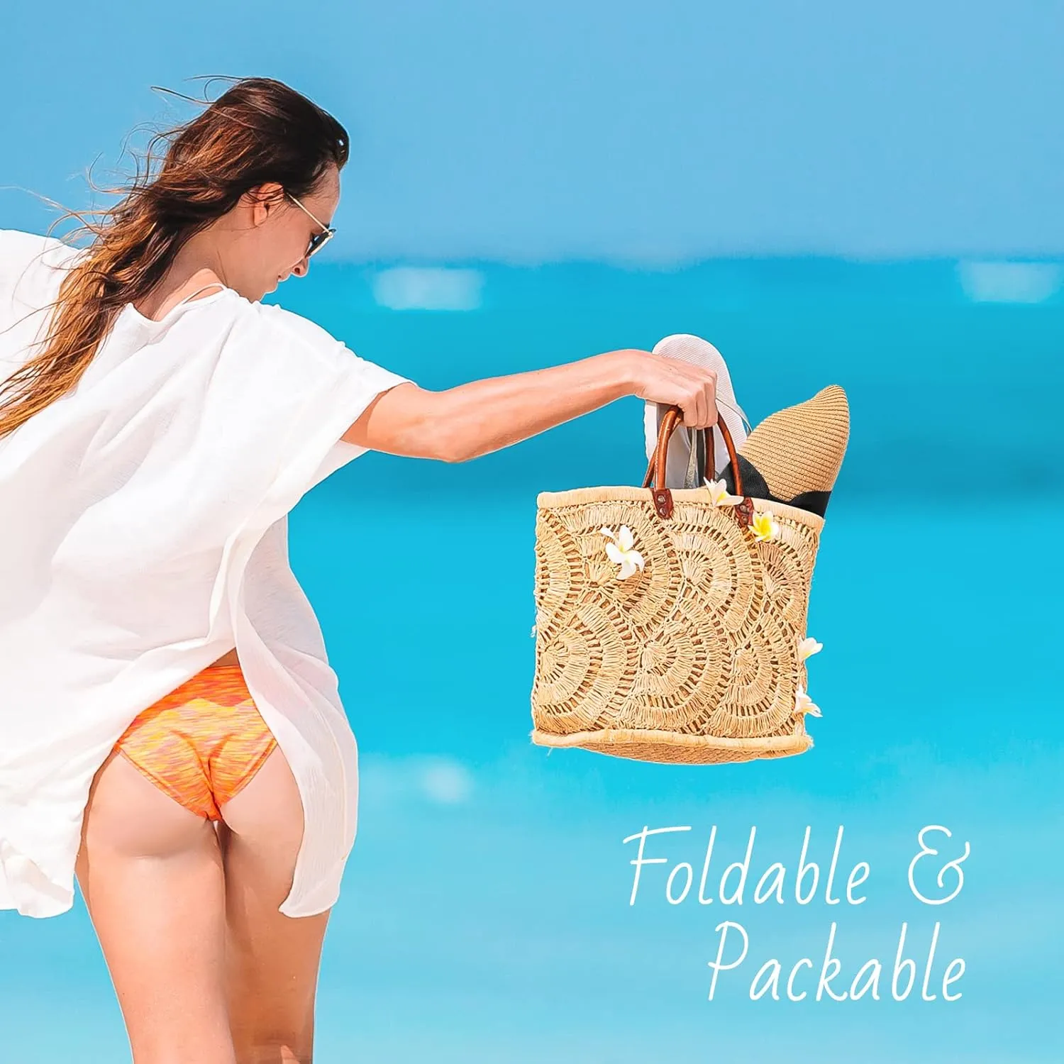 Beach Sun Straw Hats for Women, UPF 50  UV Sun Protection Wide Brim Summer Straw Hat Foldable Packable Roll up Cap