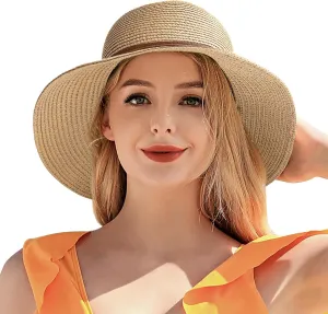 Beach Sun Straw Hats for Women, UPF 50  UV Sun Protection Wide Brim Summer Straw Hat Foldable Packable Roll up Cap