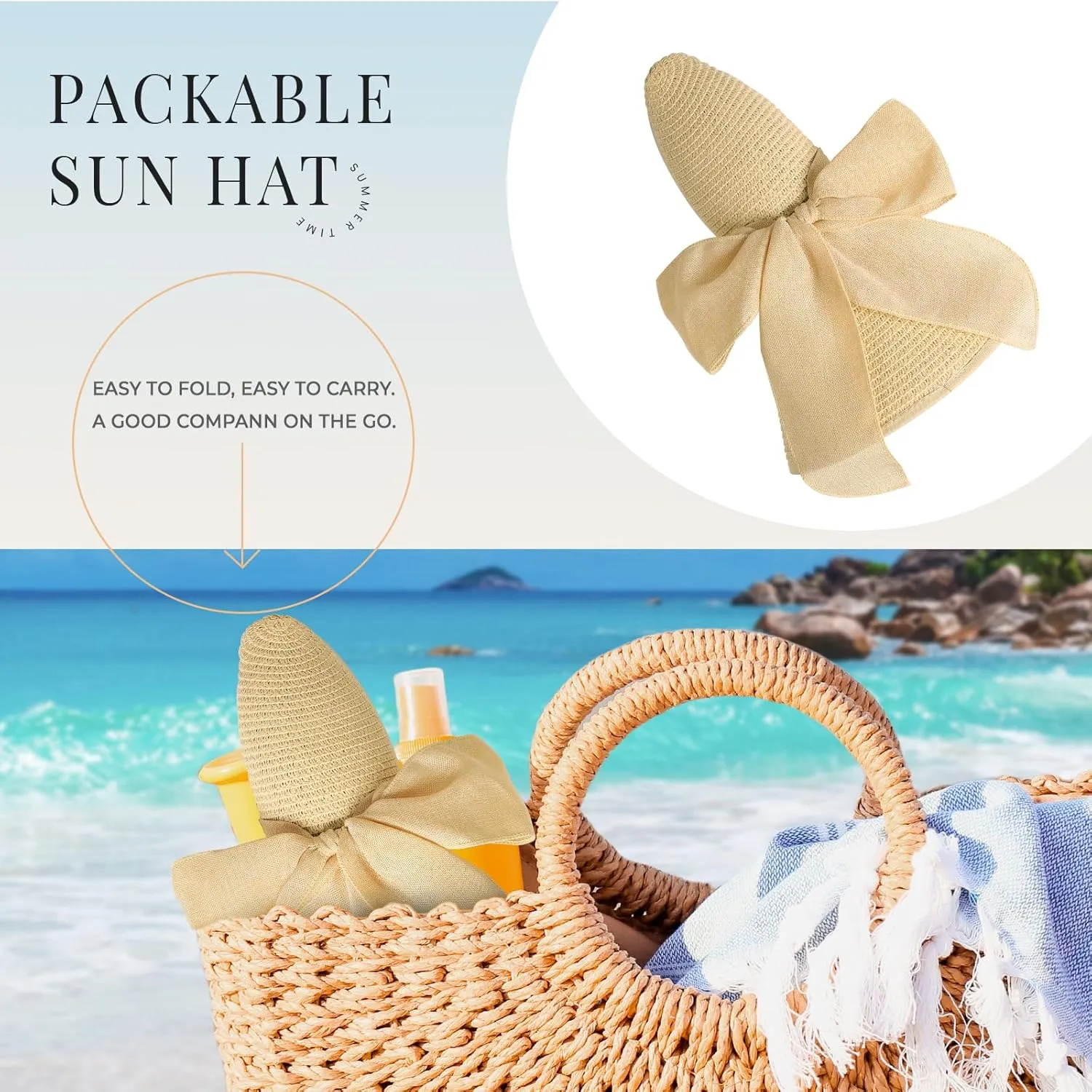 Beach Sun Straw Hats for Women, UPF 50  UV Sun Protection Wide Brim Summer Straw Hat Foldable Packable Roll up Cap