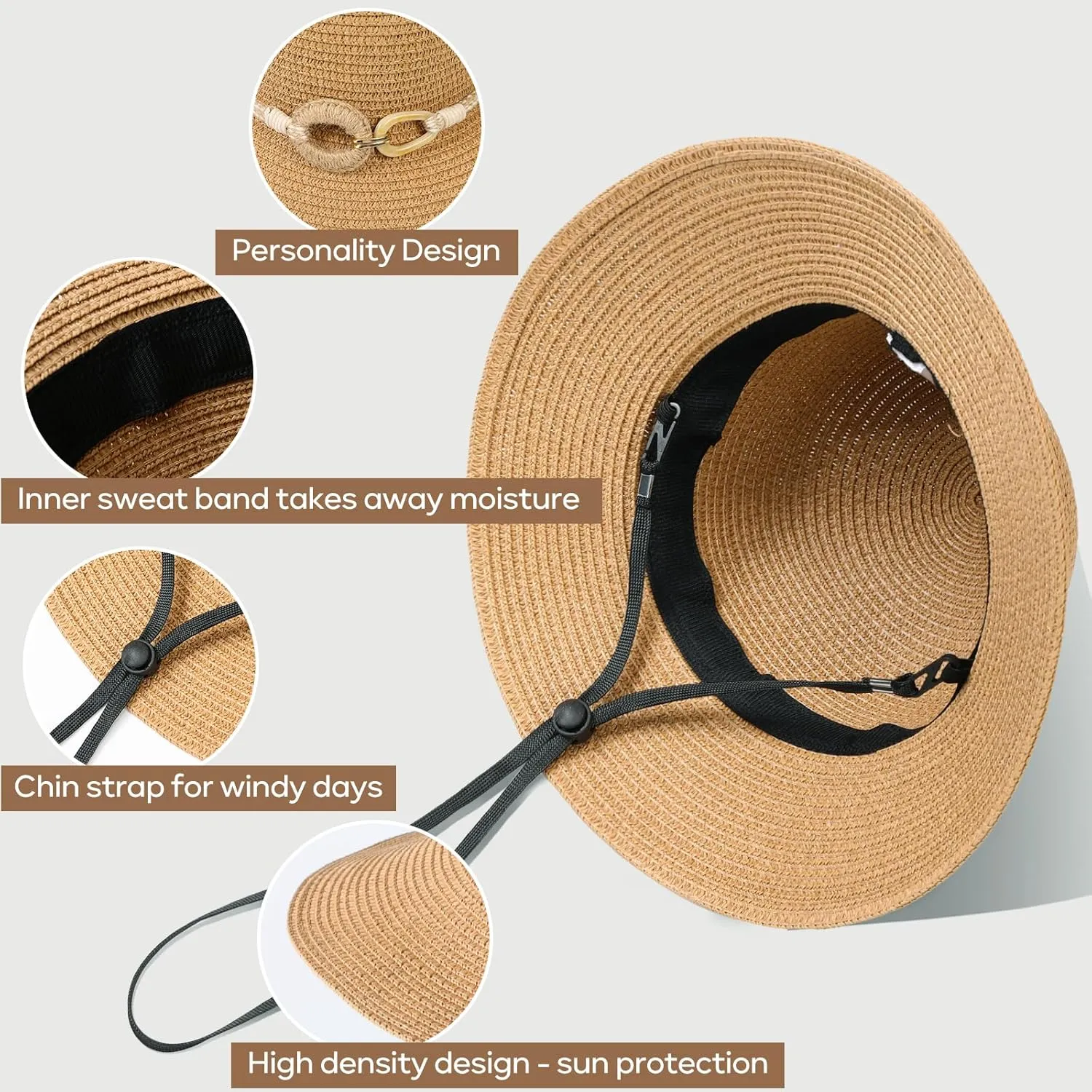Beach Sun Straw Hats for Women, UPF 50  UV Sun Protection Wide Brim Summer Straw Hat Foldable Packable Roll up Cap
