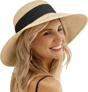 Beach Sun Straw Hats for Women, UPF 50  UV Sun Protection Wide Brim Summer Straw Hat Foldable Packable Roll up Cap