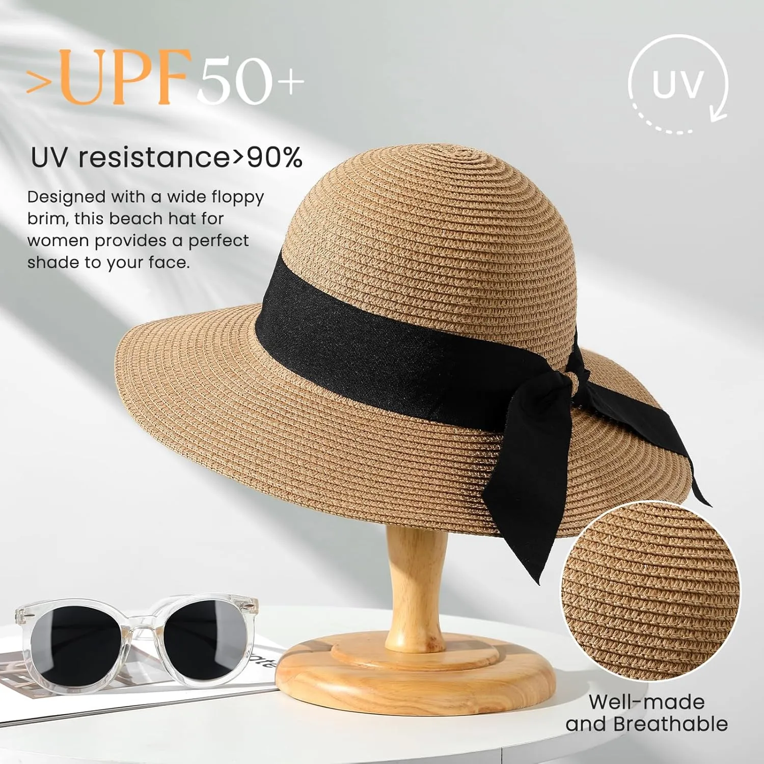 Beach Sun Straw Hats for Women, UPF 50  UV Sun Protection Wide Brim Summer Straw Hat Foldable Packable Roll up Cap