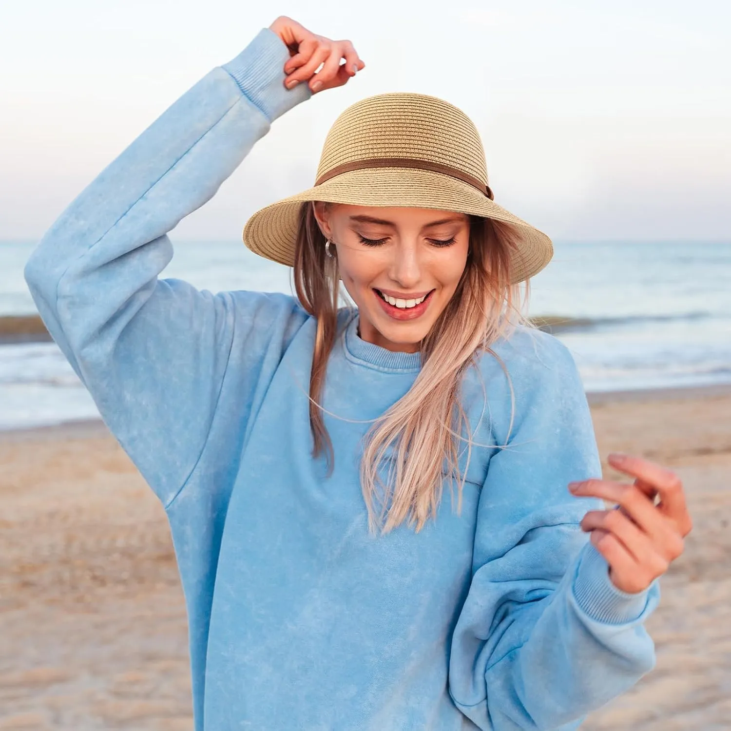 Beach Sun Straw Hats for Women, UPF 50  UV Sun Protection Wide Brim Summer Straw Hat Foldable Packable Roll up Cap