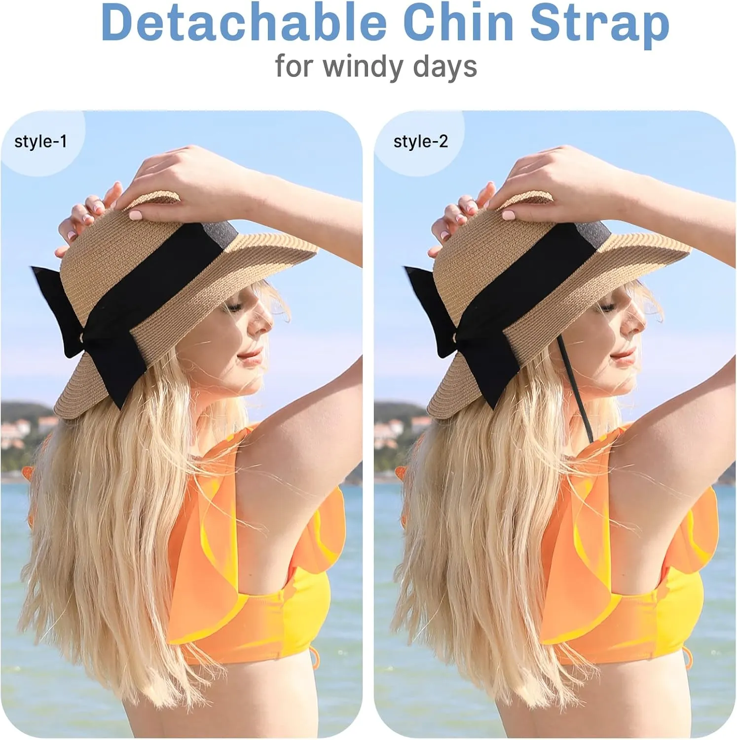 Beach Sun Straw Hats for Women, UPF 50  UV Sun Protection Wide Brim Summer Straw Hat Foldable Packable Roll up Cap