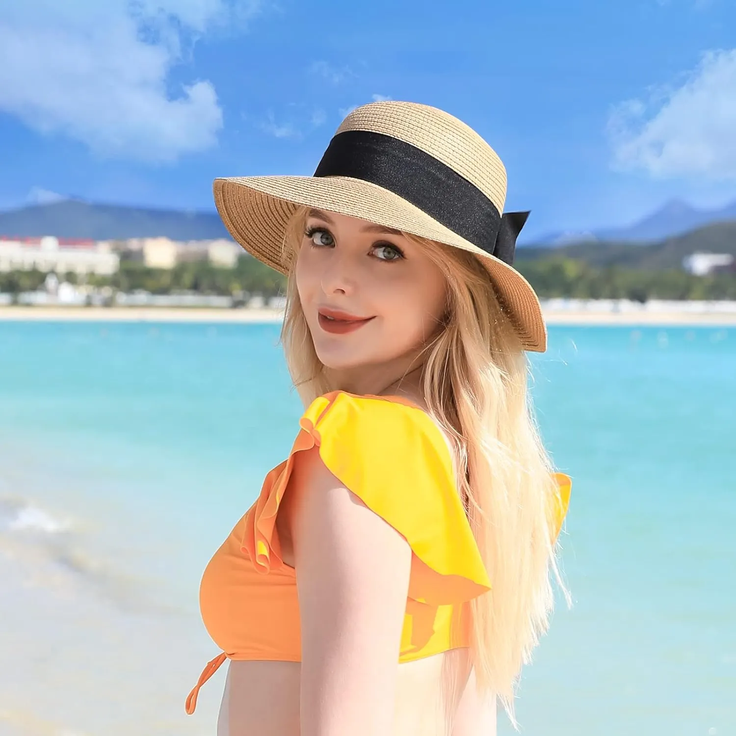 Beach Sun Straw Hats for Women, UPF 50  UV Sun Protection Wide Brim Summer Straw Hat Foldable Packable Roll up Cap