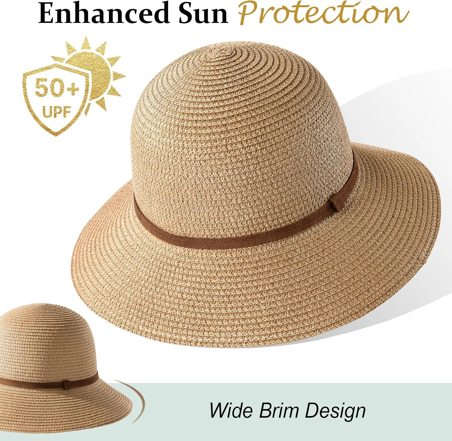 Beach Sun Straw Hats for Women, UPF 50  UV Sun Protection Wide Brim Summer Straw Hat Foldable Packable Roll up Cap