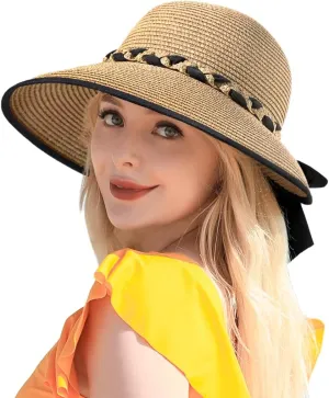 Beach Sun Straw Hats for Women, UPF 50  UV Sun Protection Wide Brim Summer Straw Hat Foldable Packable Roll up Cap