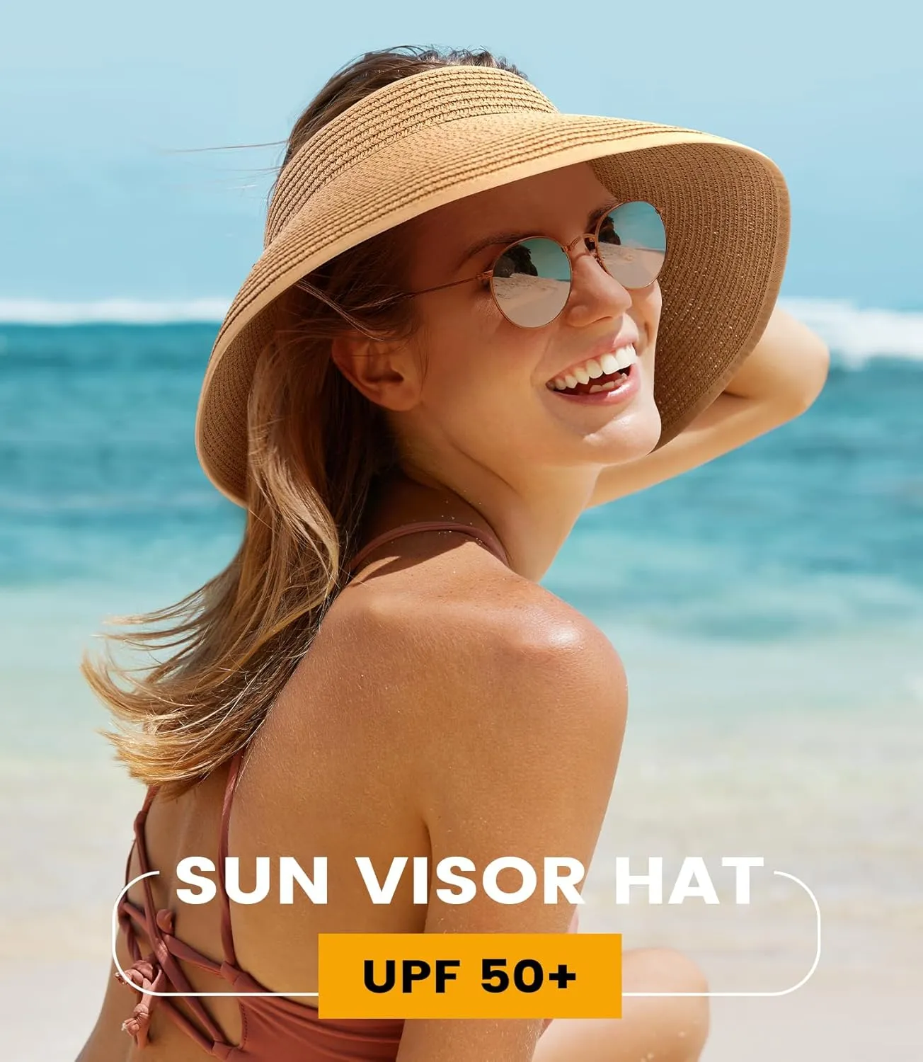 Beach Sun Straw Hats for Women, UPF 50  UV Sun Protection Wide Brim Summer Straw Hat Foldable Packable Roll up Cap