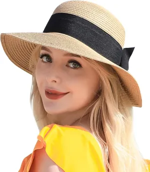 Beach Sun Straw Hats for Women, UPF 50  UV Sun Protection Wide Brim Summer Straw Hat Foldable Packable Roll up Cap