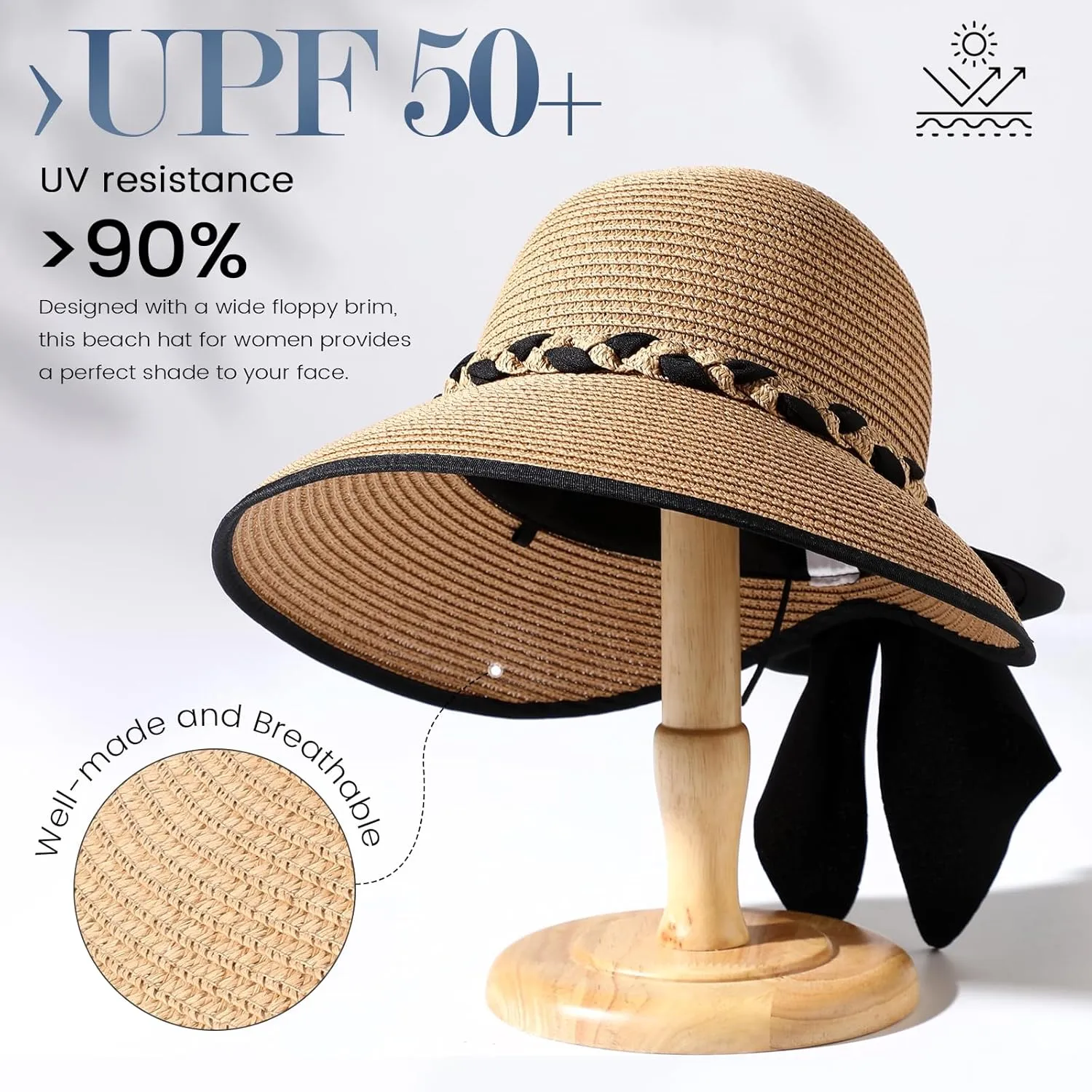 Beach Sun Straw Hats for Women, UPF 50  UV Sun Protection Wide Brim Summer Straw Hat Foldable Packable Roll up Cap