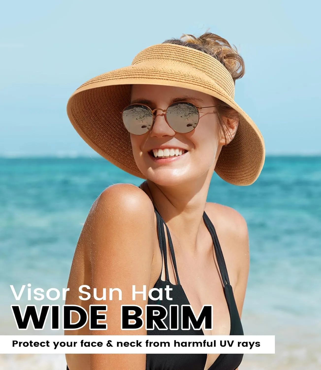 Beach Sun Straw Hats for Women, UPF 50  UV Sun Protection Wide Brim Summer Straw Hat Foldable Packable Roll up Cap