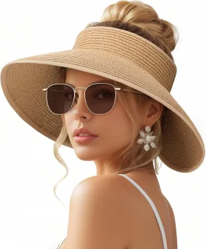 Beach Sun Straw Hats for Women, UPF 50  UV Sun Protection Wide Brim Summer Straw Hat Foldable Packable Roll up Cap