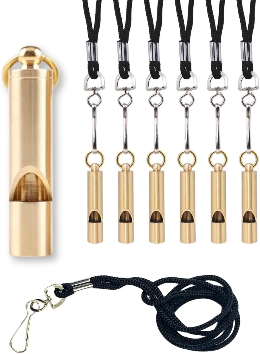 Brass Whistles 6 Pack with Lanyards  125  dB Loud for Home Alerts & Outdoor Safety, Solid Brass Hiking Whistles for Trails & Emergencies to get Help